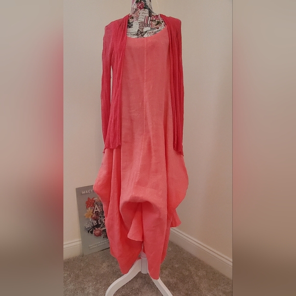 Eileen Fisher 3 Pc,Watermelon Maxi Dress, Matching Sweater, and Slip - Picture 11 of 12